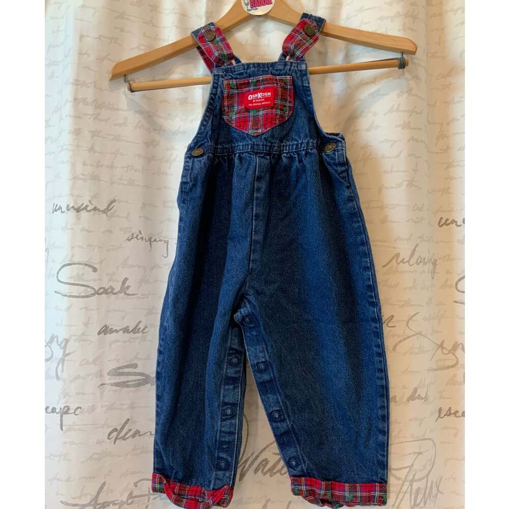 Vintage OshKosh B'Gosh Blue Jean Overalls Jumper 3T - Red Plaid Accent